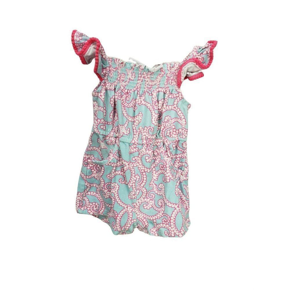 Crown & Ivy Baby 18M Ruffle Pom Pom Smocked Romper Blue Pink Octopus Print